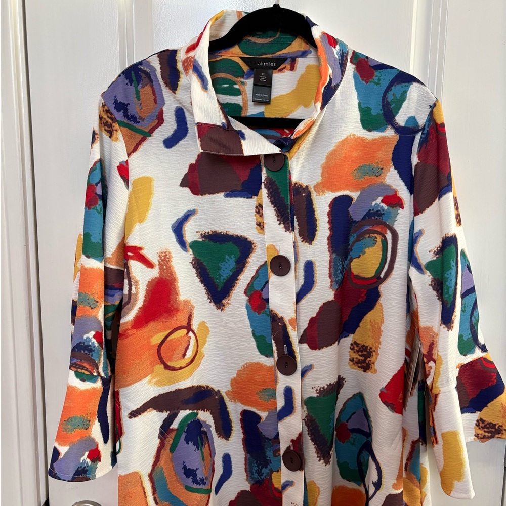 Ali Miles Multicolor Abstract Print Button-Down Shirt - White Base